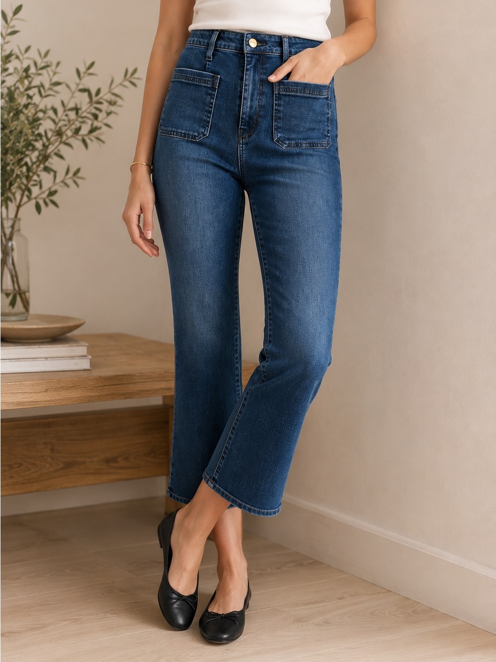 Frame Le Bardot Crop Flare Jeans With Front Patch Pockets in Medium Dark Wash 27
